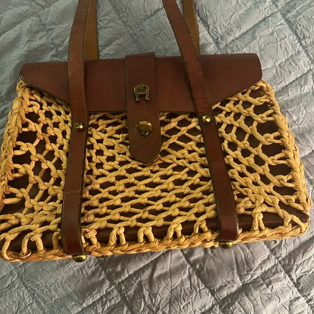 Etienne Aigner Vintage 60’s Woven Straw Leather Satchel Handbag